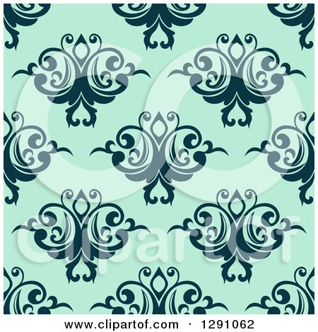 Clipart of a Seamless Vintage Pattern Background of Navy Blue Floral on Mint Green - Royalty Free Vector Illustration by Vector Tradition SM