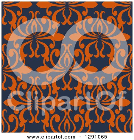 Clipart of a Seamless Vintage Orange Floral over Navy Blue Pattern Background - Royalty Free Vector Illustration by Vector Tradition SM