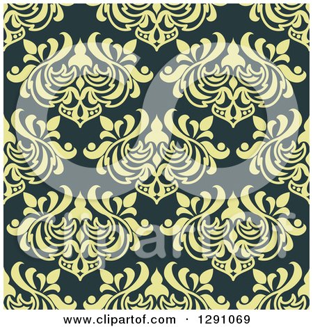 Clipart of a Seamless Vintage Pattern Background of Green Floral on Dark Blue - Royalty Free Vector Illustration by Vector Tradition SM