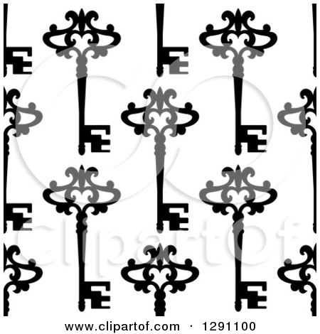 Clipart of a Seamless Background Pattern of Ornate Black Vintage Skeleton Keys on White - Royalty Free Vector Illustration by Vector Tradition SM