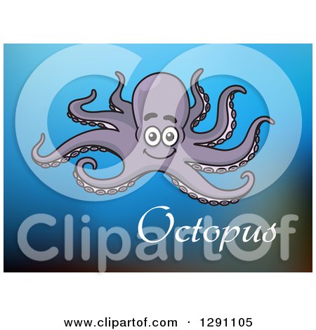 Clipart of a Happy Purple Octopus over Blurred Blue and White Text - Royalty Free Vector Illustration by Vector Tradition SM