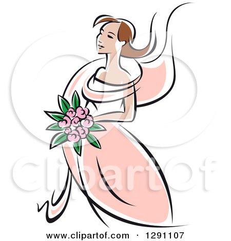 Clipart of a Sketched Brunette Caucasian Bride in a Pink Dress, Holding a Bouquet of Orange Flowers - Royalty Free Vector Illustration by Vector Tradition SM