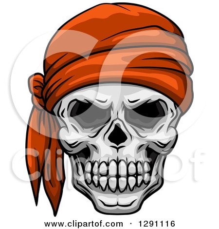 Clipart of a Pirate Skull Wearing an Orange Bandana - Royalty Free Vector Illustration by Vector Tradition SM