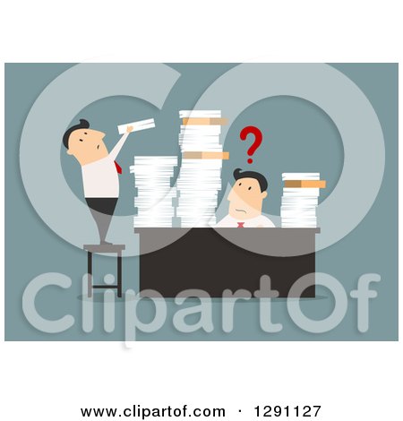 Clipart of a Flat Modern Design Styled Overwhelmed White Businessman Receiving More Paperwork at His Desk, over Blue - Royalty Free Vector Illustration by Vector Tradition SM