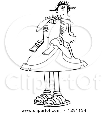 Clipart of a Black and White Chubby Caveman Father Carrying His Daughter on His Shoulders - Royalty Free Vector Illustration by djart