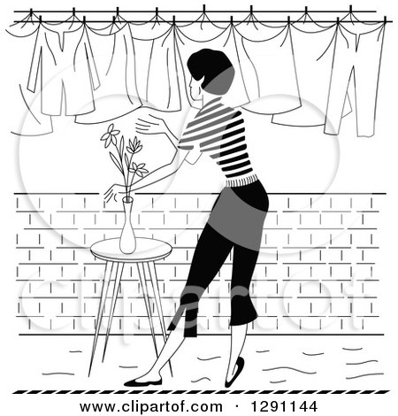 Clipart of a Black and White Rear View of a Retro Woman Hanging Laundry out to Dry - Royalty Free Vector Illustration by pauloribau