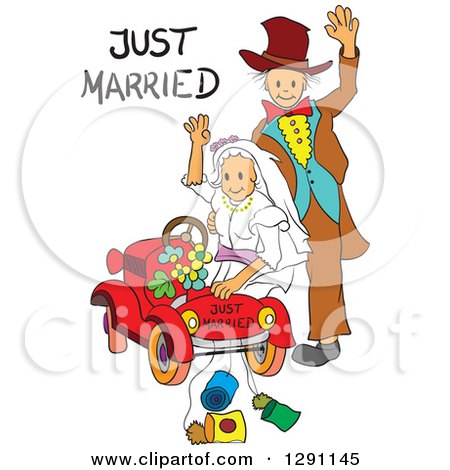 Clipart of a Sketched Waving Senior Wedding Couple with a Just Married Car and Text - Royalty Free Vector Illustration by pauloribau
