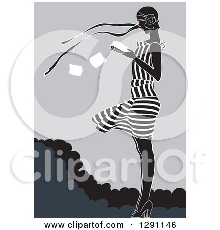 Clipart of a Retro Woman Reading a Book in the Wind, with Red Lips, in Blue and Gray Tones - Royalty Free Vector Illustration by pauloribau
