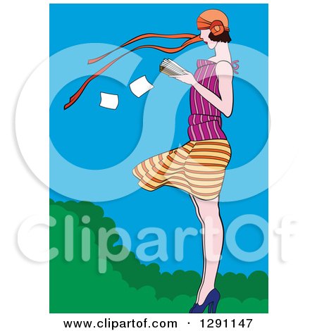 Clipart of a Retro Caucasian Woman Reading a Book in the Wind - Royalty Free Vector Illustration by pauloribau