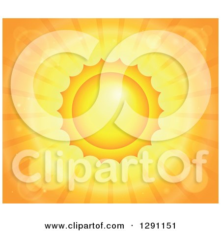Clipart of a Background of a Hut Summer Sun with Flares and Orange Rays - Royalty Free Vector Illustration by visekart