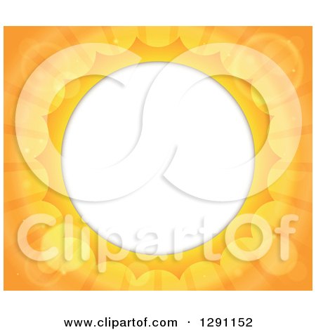 Clipart of a Background of Bright Orange Flares and Sunshine Rays Around a Circle Frame - Royalty Free Vector Illustration by visekart