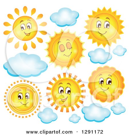 Clipart of Happy Summer Sun Characters and Clouds - Royalty Free Vector Illustration by visekart