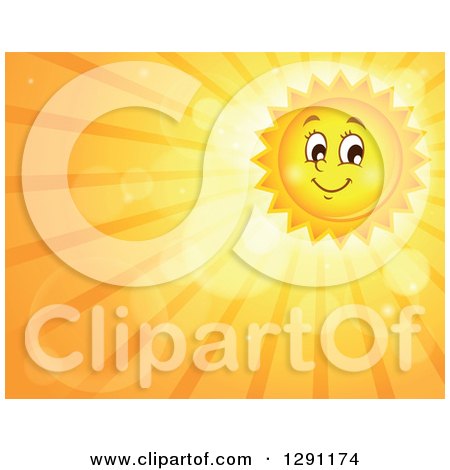 Clipart of a Happy Summer Sun Character Shining in an Orange Sky with Flares, Rays and Text Space - Royalty Free Vector Illustration by visekart