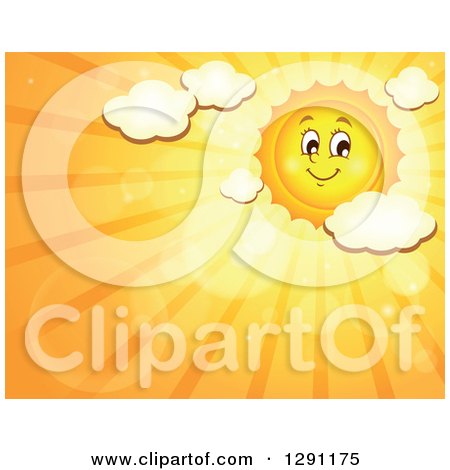 Clipart of a Happy Summer Sun Character Shining in an Orange Sky with Clouds and Text Space - Royalty Free Vector Illustration by visekart