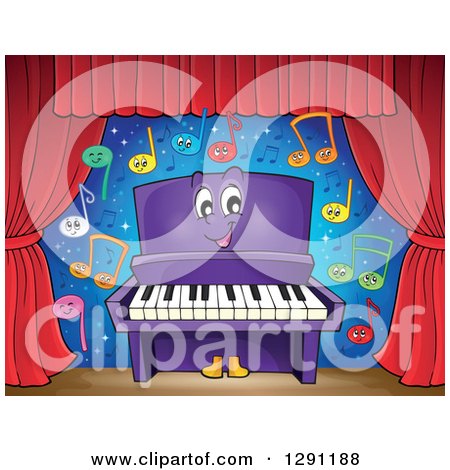 Clipart of a Happy Cartoon Purple Piano Character and Colorful Music Notes on Stage - Royalty Free Vector Illustration by visekart