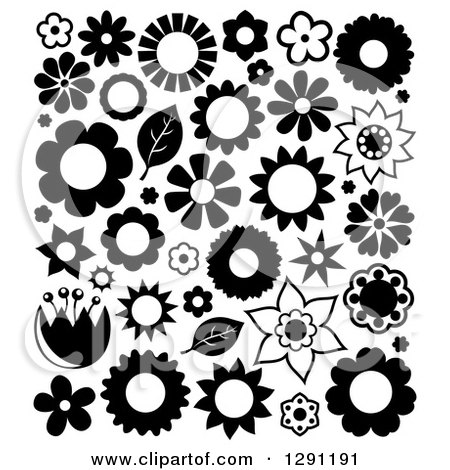 Clipart of Black and White Flowers and Leaves - Royalty Free Vector Illustration by visekart