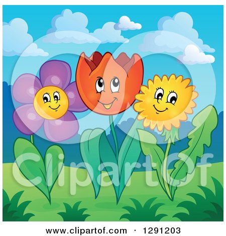 Clipart of Happy Dandelion, Tulip and Daisy Flowers in a Meadow Garden - Royalty Free Vector Illustration by visekart