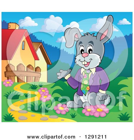 Clipart of a Happy Presenting Business Easter Rabbit near a House - Royalty Free Vector Illustration by visekart