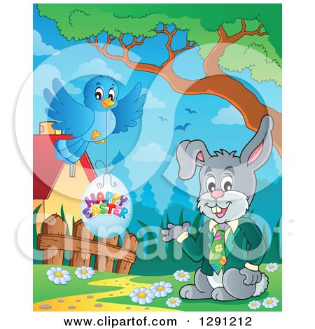 Clipart of a Happy Presenting Business Rabbit with a Bluebird and Happy Easter Egg - Royalty Free Vector Illustration by visekart