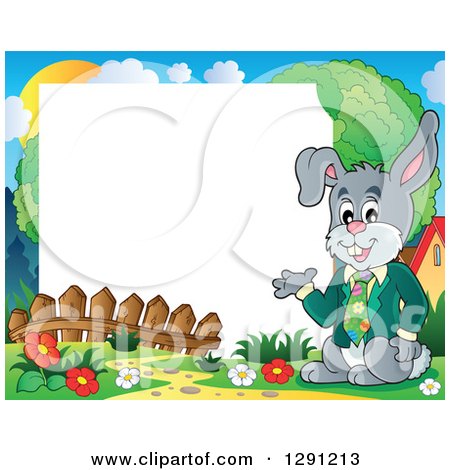 Clipart of a Happy Presenting Business Easter Rabbit with a Spring Time Border and Text Space - Royalty Free Vector Illustration by visekart