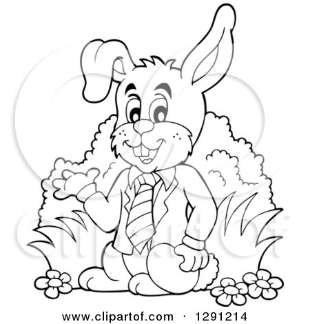 Clipart of a Black and White Happy Presenting Business Easter Rabbit - Royalty Free Vector Illustration by visekart