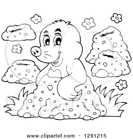 Clipart of a Black and White Happy Mole Emerging from a Hole - Royalty Free Vector Illustration by visekart