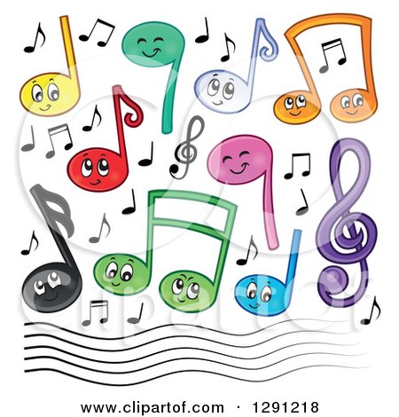 Clipart of Happy Cartoon Music Note Characters, a Clef and Staff Lines - Royalty Free Vector Illustration by visekart