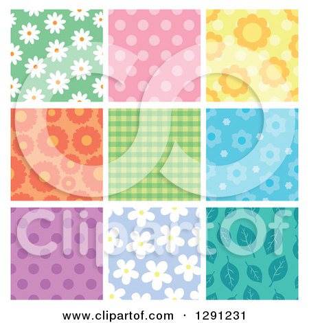 Clipart of Floral, Polka Dot, Plaid and Leaf Seamless Background Patterns - Royalty Free Vector Illustration by visekart