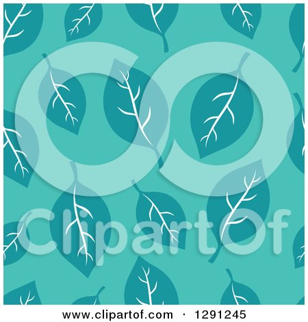 Clipart of a Seamless Background Pattern of Teal Leaves on Turquoise - Royalty Free Vector Illustration by visekart