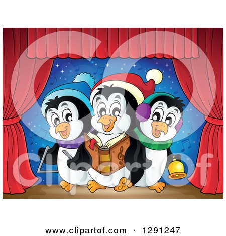 Clipart of Penguins Singing Christmas Carols on Stage - Royalty Free Vector Illustration by visekart