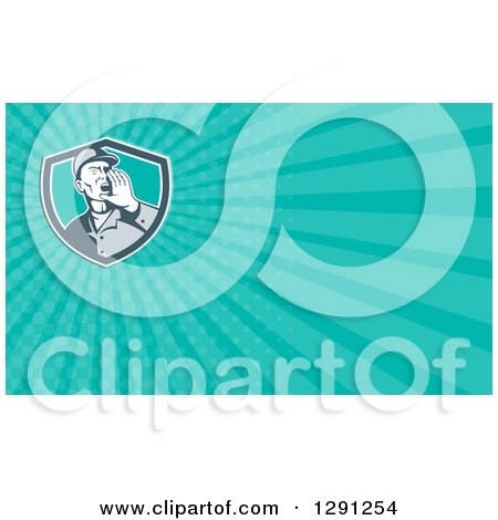 Clipart of a Retro Male Worker Shouting and Turquoise Rays Background or Business Card Design - Royalty Free Illustration by patrimonio