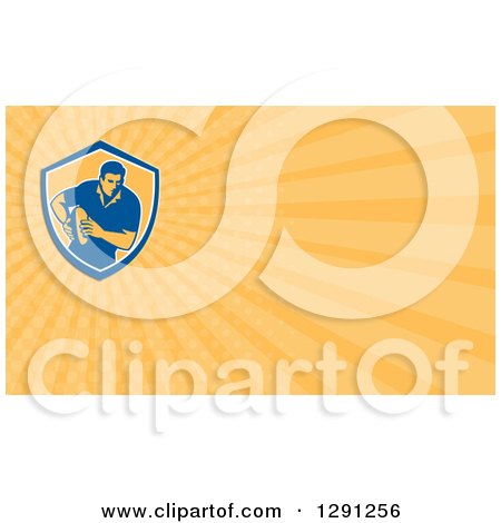 Clipart of a Retro Rugby Player and Orange Rays Background or Business Card Design - Royalty Free Illustration by patrimonio