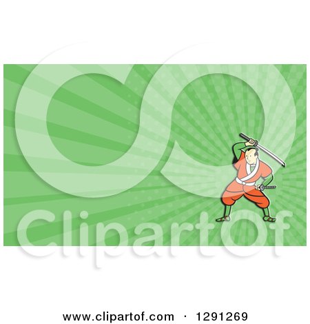 Clipart of a Cartoon Samurai Warrior Fighting with a Sword and Green Rays Background or Business Card Design - Royalty Free Illustration by patrimonio