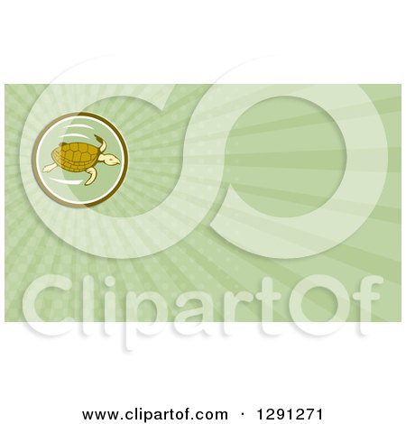 Clipart of a Retro Cartoon Sea Turtle and Green Rays Background or Business Card Design - Royalty Free Illustration by patrimonio