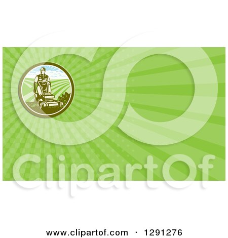 Clipart of a Retro Woodcut Landscaper Mowing a Lawn with Farmland and Green Rays Background or Business Card Design - Royalty Free Illustration by patrimonio