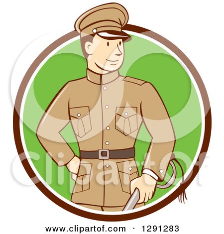 Clipart of a Retro Cartoon World War One British Officer Holding a Sword and Emerging from a Brown White and Green Circle - Royalty Free Vector Illustration by patrimonio