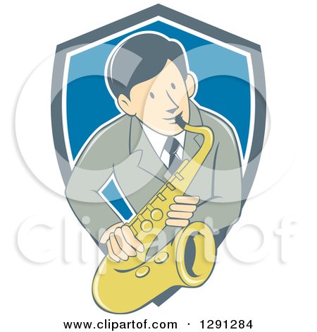 Clipart of a Retro Cartoon Male Musician Playing a Saxophone and Emerging from a Gray White and Blue Shield - Royalty Free Vector Illustration by patrimonio