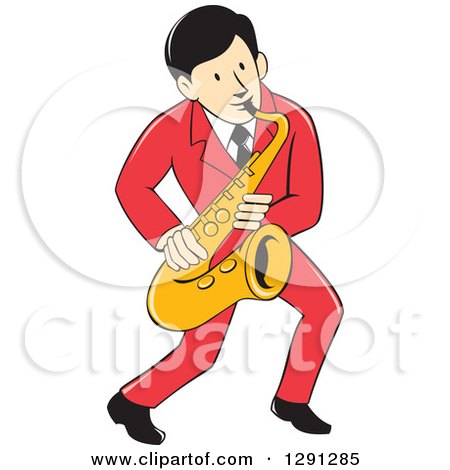 Clipart of a Retro Cartoon Male Musician Playing a Saxophone and Wearing a Red Suit - Royalty Free Vector Illustration by patrimonio