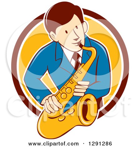 Clipart of a Retro Cartoon Male Musician Playing a Saxophone and Emerging from a Maroon White and Yellow Circle - Royalty Free Vector Illustration by patrimonio