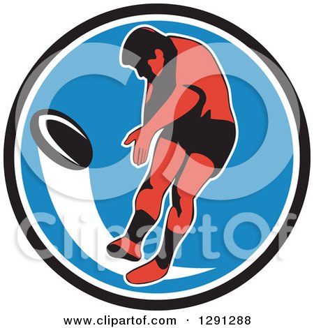 Clipart of a Retro Rugby Union Player Kicking a Ball in a Black White and Blue Circle - Royalty Free Vector Illustration by patrimonio