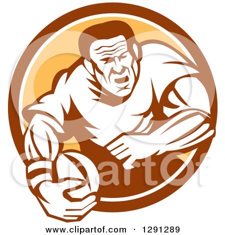 Clipart of a Retro Rugby Union Player Running with a Ball in a Brown White and Orange Circle - Royalty Free Vector Illustration by patrimonio