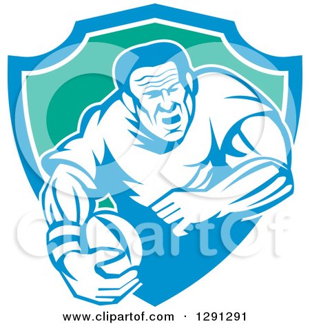 Clipart of a Retro Rugby Union Player Running with a Ball in a Blue White and Green Shield - Royalty Free Vector Illustration by patrimonio