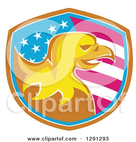 Clipart of a Golden Bald Eagle Head in an American Flag Shield with Brown White and Blue Trim - Royalty Free Vector Illustration by patrimonio