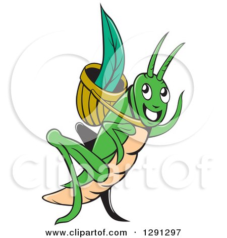 Clipart of a Cartoon Happy Green Grasshopper Waving with a Blade in a Basket - Royalty Free Vector Illustration by patrimonio