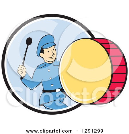 Clipart of a Retro Cartoon Marching Band Drummer Man Emerging from a Black White and Blue Circle - Royalty Free Vector Illustration by patrimonio