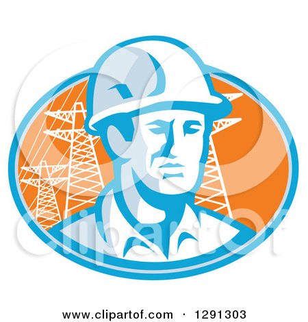Clipart of a Retro Male Construction Worker Emerging from an Orange and Blue Oval with Pylons - Royalty Free Vector Illustration by patrimonio