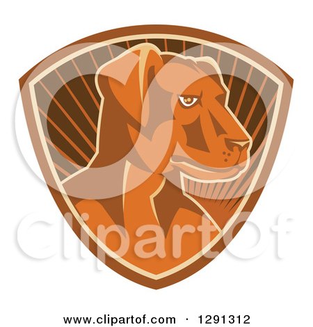 Clipart of a Retro Aggressive Farm Dog in a Brown and Sunshine Shield - Royalty Free Vector Illustration by patrimonio