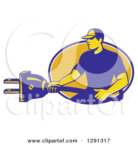 Clipart of a Retro Male Electrician Holding a Giant Plug and Emerging from a Blue White and Yellow Oval - Royalty Free Vector Illustration by patrimonio
