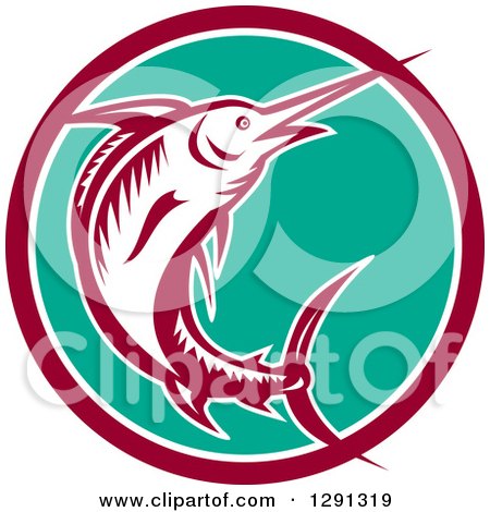 Clipart of a Retro Woodcut Marlin Fish Emerging from a Maroon White and Turquoise Circle - Royalty Free Vector Illustration by patrimonio