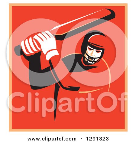 Clipart of a Retro Cricket Batsman Player in a Red and Orange Square, with a White Border - Royalty Free Vector Illustration by patrimonio
